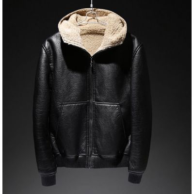 Black Faux leather hoodie jacket for men with fur lining inside
