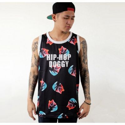 Doggy Men's Sports Basketball Jersey Tanktop with Dog and Cap Print