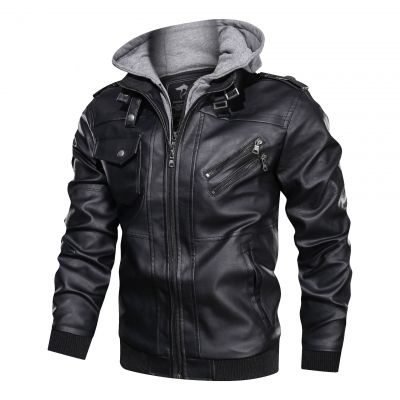 Faux leather biker hooded jacket in black for men