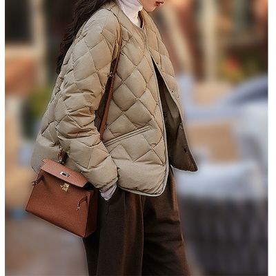 Ladies' Diamond Quilted Short Down Jacket with White Goose Down - Available in Black and Khaki
