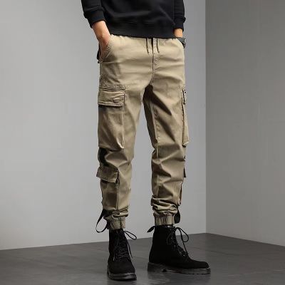 Men's cargo multi-pocket trousers with elasticated cuffs