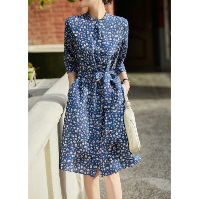 Mulberry Silk Printed Stand Collar Shirt Dress - Blue