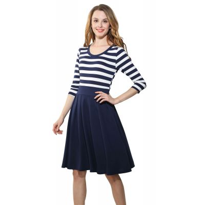 Striped Navy Blue and White dress with pleated navy skirt