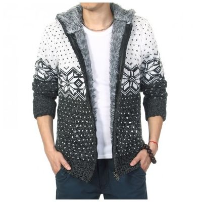 Thick Wool Hoodie for Men with Inner Fur Bicolor Winter Print
