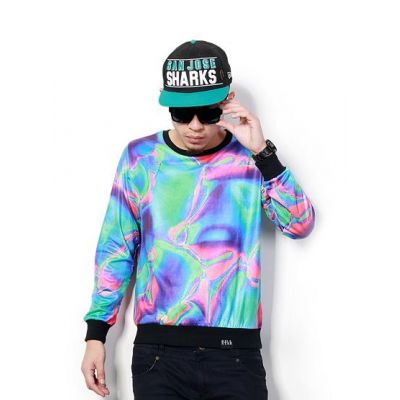 Psychadelic Liquid Pink and Blue Dyed Crewneck Sweater for Men