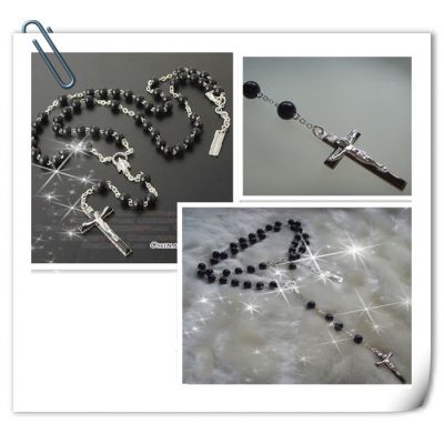 Chapelet Necklace with Crucifix Rosary Beads Black Pearls Silver Cross