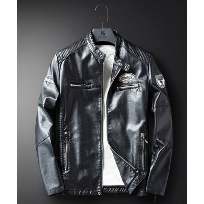 PU Leather racing jacket for men with embroidered badges