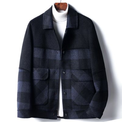 Winter wool short coat with blue checks plaid for men