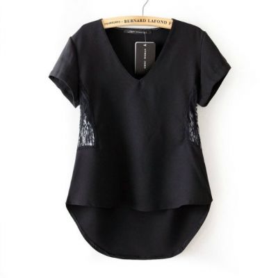 Women's V neck Summer T shirt with Lace Sides Loose Fit