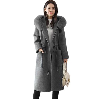 Wool longline coat with faux fur lined hood for women
