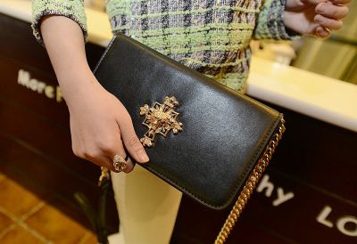 PU Leather Clutch Evening Handbag for Women with Gold Cross Details