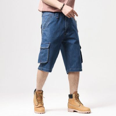 Baggy cargo denim shorts for men