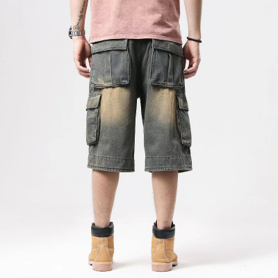 Baggy denim shorts with large pockets on legs for men