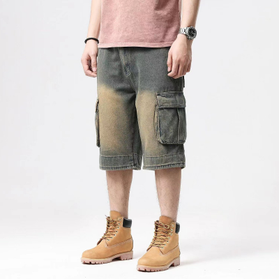 Baggy denim shorts with large pockets on legs for men