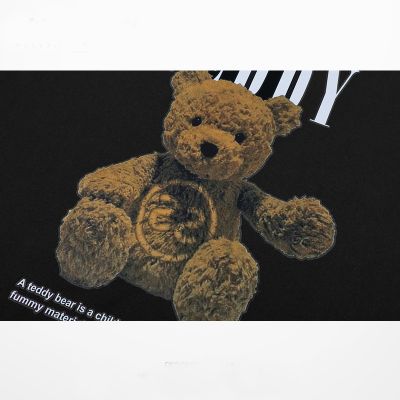 Black cotton short-sleeved t-shirt with unisex teddy print