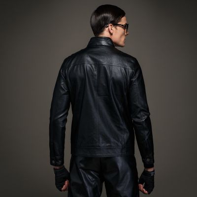 Men's Leather Biker Jacket with High Collar