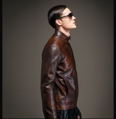 Men's Leather Biker Jacket with High Collar