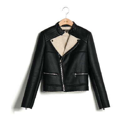 Biker Jacket for Women with Thick Shearling Collar