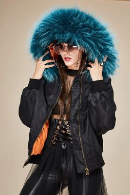 Nylon bomber jacket for women with thick fur hood