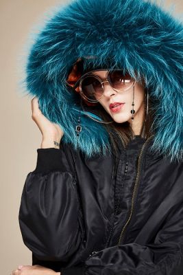 Nylon bomber jacket for women with thick fur hood