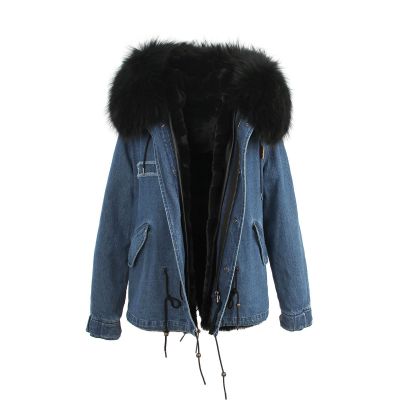Women's Short Denim Jacket with Fur Hood