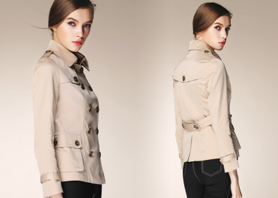 Short Trench Coat for Women with Double Breast Button Closure