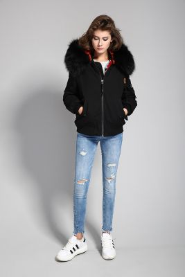 Women's short jacket with hood lined with thick fur