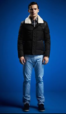 Short Padded Down Jacket for Men with Shearling and Leather Details
