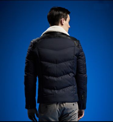 Short Padded Down Jacket for Men with Shearling and Leather Details