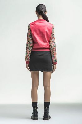 Red Leather Baseball Jacket for Women with Colored Embroidery Sleeves