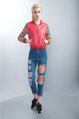 Red Leather Baseball Jacket for Women with Colored Embroidery Sleeves