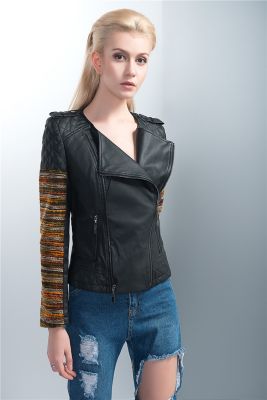Black Leather Perfecto Jacket for Women Colored Fabric Sleeves