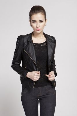 Black PU Leather Perfecto Jacket for Women with Slim Lapel Collar
