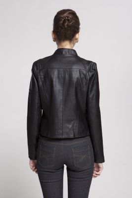 Black PU Leather Perfecto Jacket for Women with Slim Lapel Collar