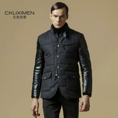 Leather sleeves padded winter coat for men with high collar