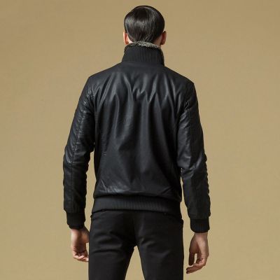 Fur lined winter leather jacket for men with chest embroidery