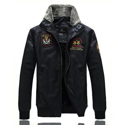 Fur lined winter leather jacket for men with chest embroidery