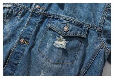 Distressed blue jeans jacket for men with grey cotton hood