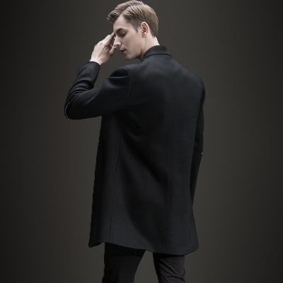 Long wool jacket for men with zipped sleeves and front pocket