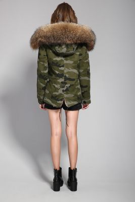 Winter jacket for women with hood fur camouflage
