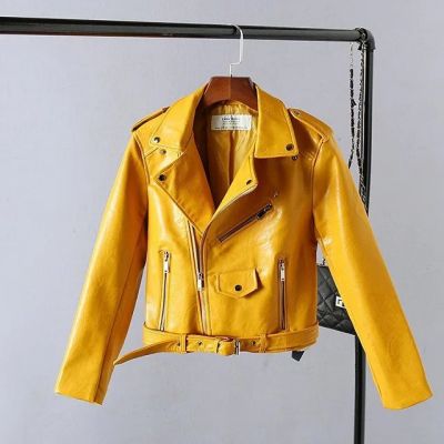 Faux leather perfecto biker jacket for women in yellow pink sky blue red