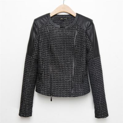 Perfecto PU Leather Jacket for Women with Woven Fabric Sleeves