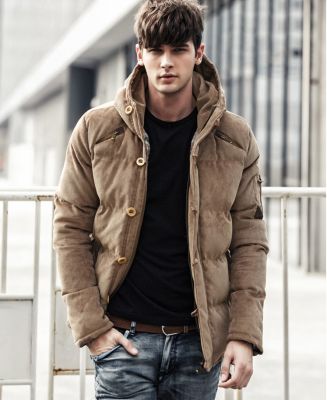 Men's winter hooded jacket in imitation suede