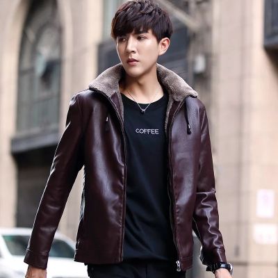 Faux leather hooded jacket for men with side pockets
