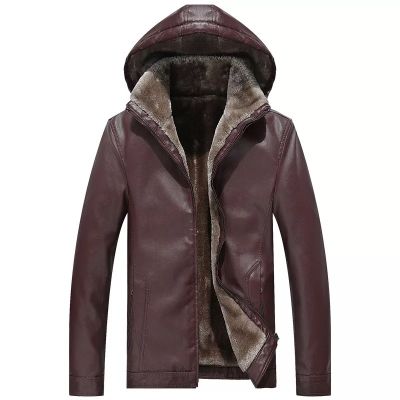 Faux leather hooded jacket for men with side pockets