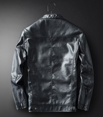 PU Leather jacket for men with collar strap and zipped front pockets
