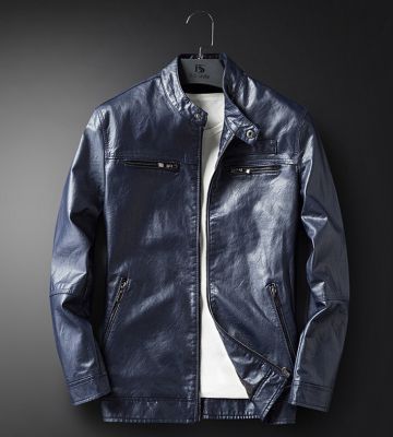 PU Leather jacket for men with collar strap and zipped front pockets