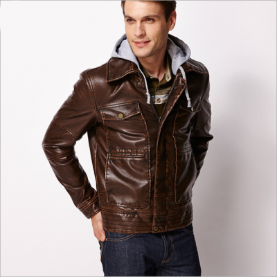 Vintage Style Faux Leather Jacket for Men with Cotton Hood