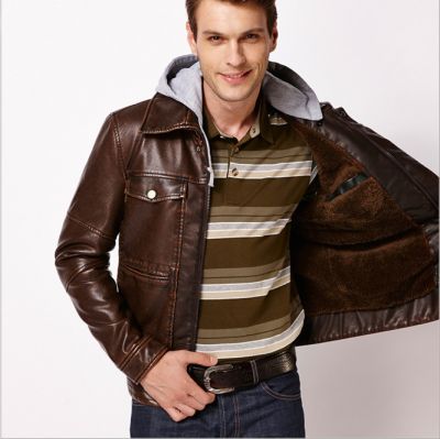 Vintage Style Faux Leather Jacket for Men with Cotton Hood