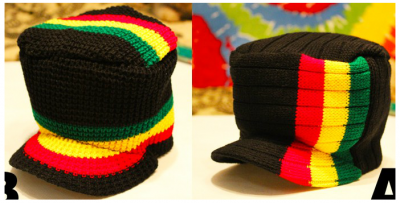 Winter Tall Cap Hat with Woven Green Gold Red and Black Stripes